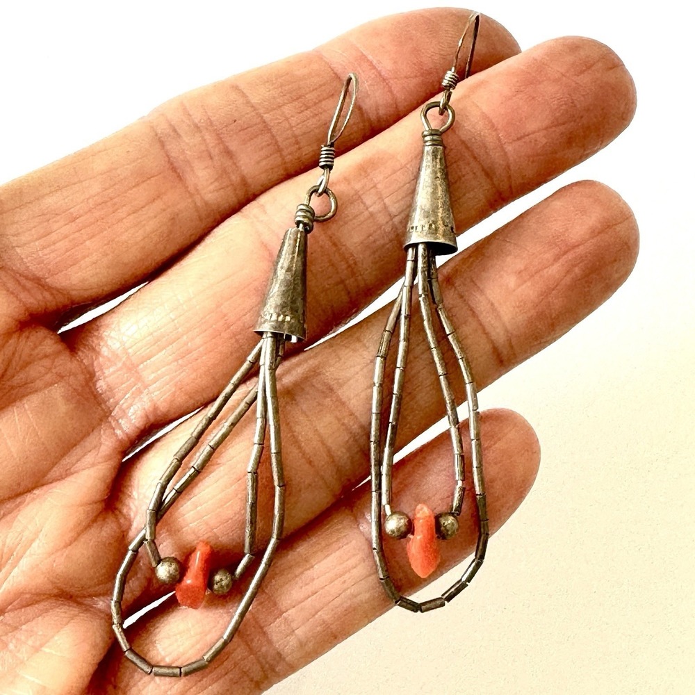 VTG Navajo Earrings Red Coral Liquid Silver Dangle Sterling Native American Old